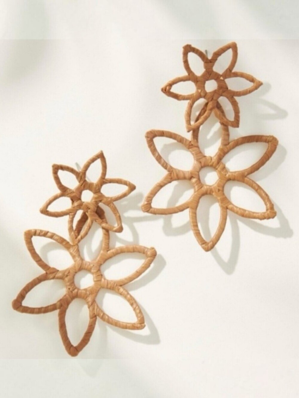 Anthropologie Tan Open Flower Raffia Earrings, Boho Statement Natural Modernist